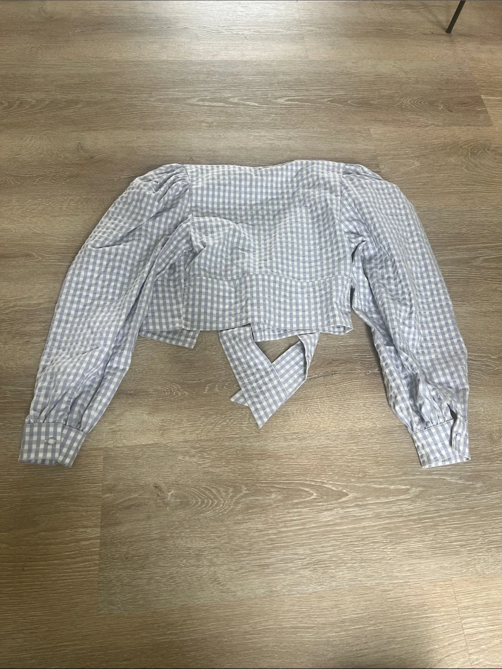 Anthropologie lavender and White Gingham Tie-Front Puff Sleeve Blouse